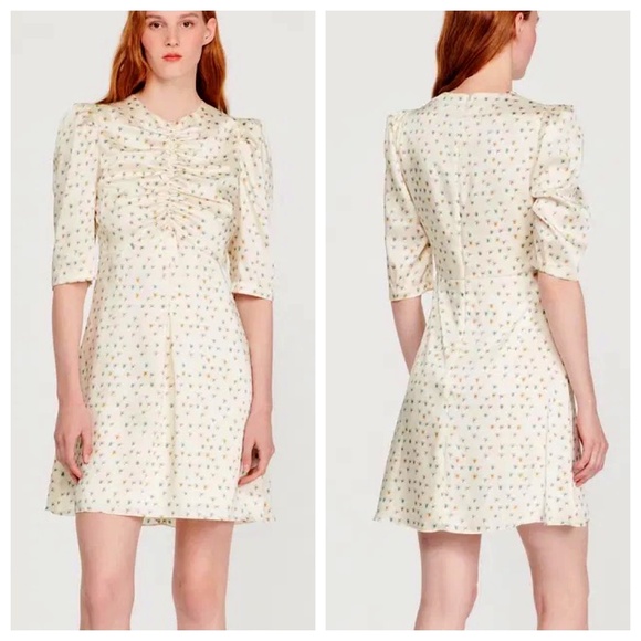 NWT SANDRO Aquarelle Short Mini Dress Fruit Print Ruching 3/4 Sleeves Off-white - Picture 2 of 14